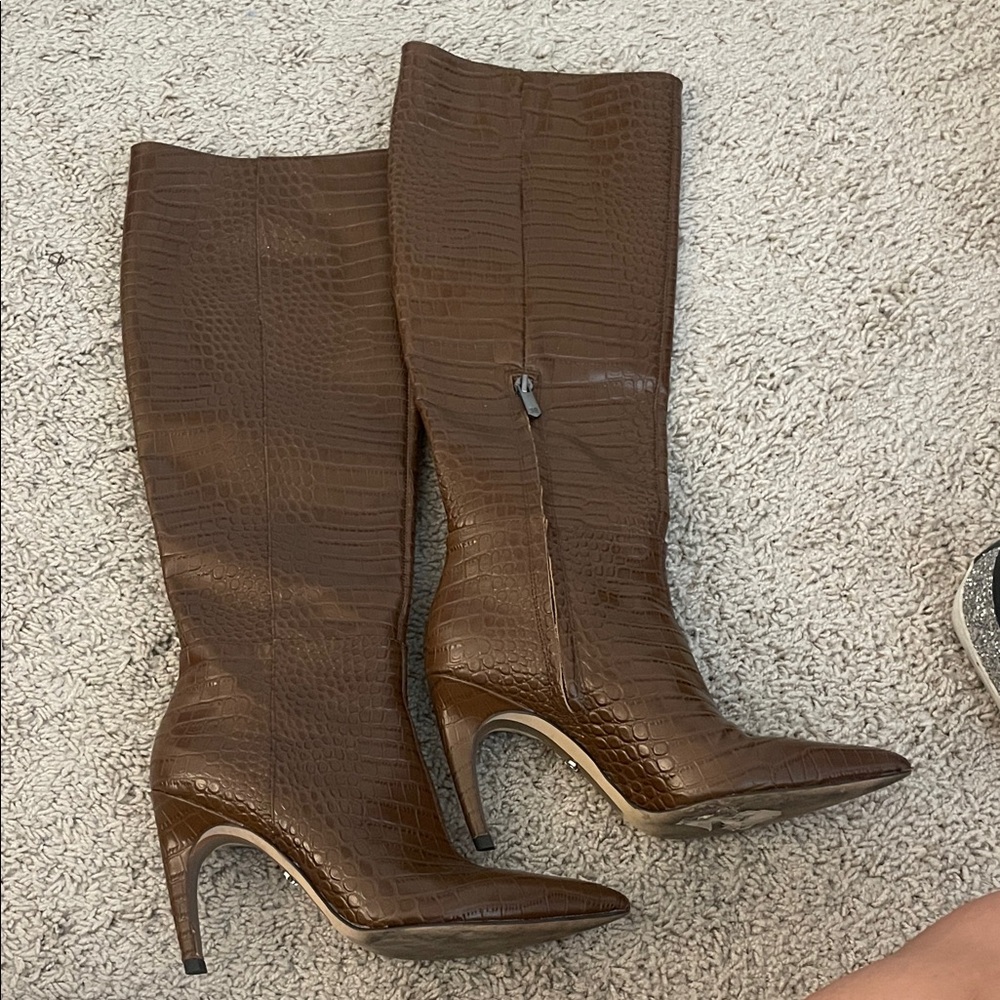 Brown Croc-Embossed Knee-High Boots